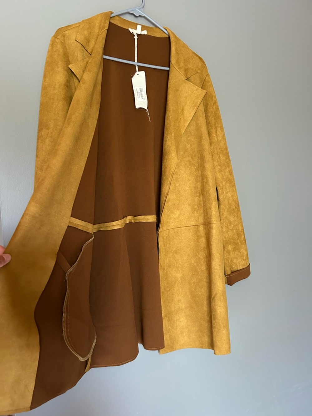 Mystree Mustard Open-Front Suede Trench Coat - Picture 5 of 8
